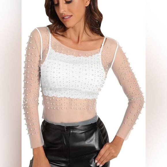 Tops - Pearl Rhinestone Long Sleeve Mesh Crop Top